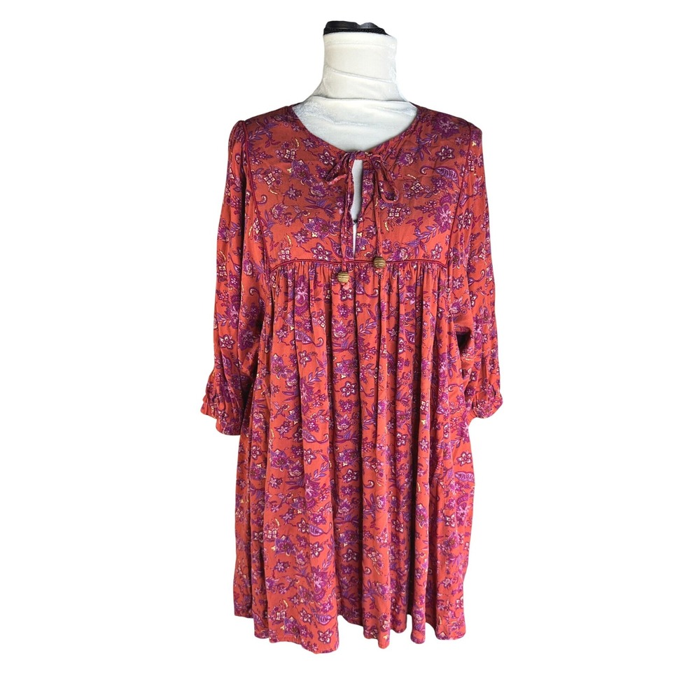 Natural Life Boho Floral Paisley Babydoll Dress Terracotta Orange Large Tie Neck